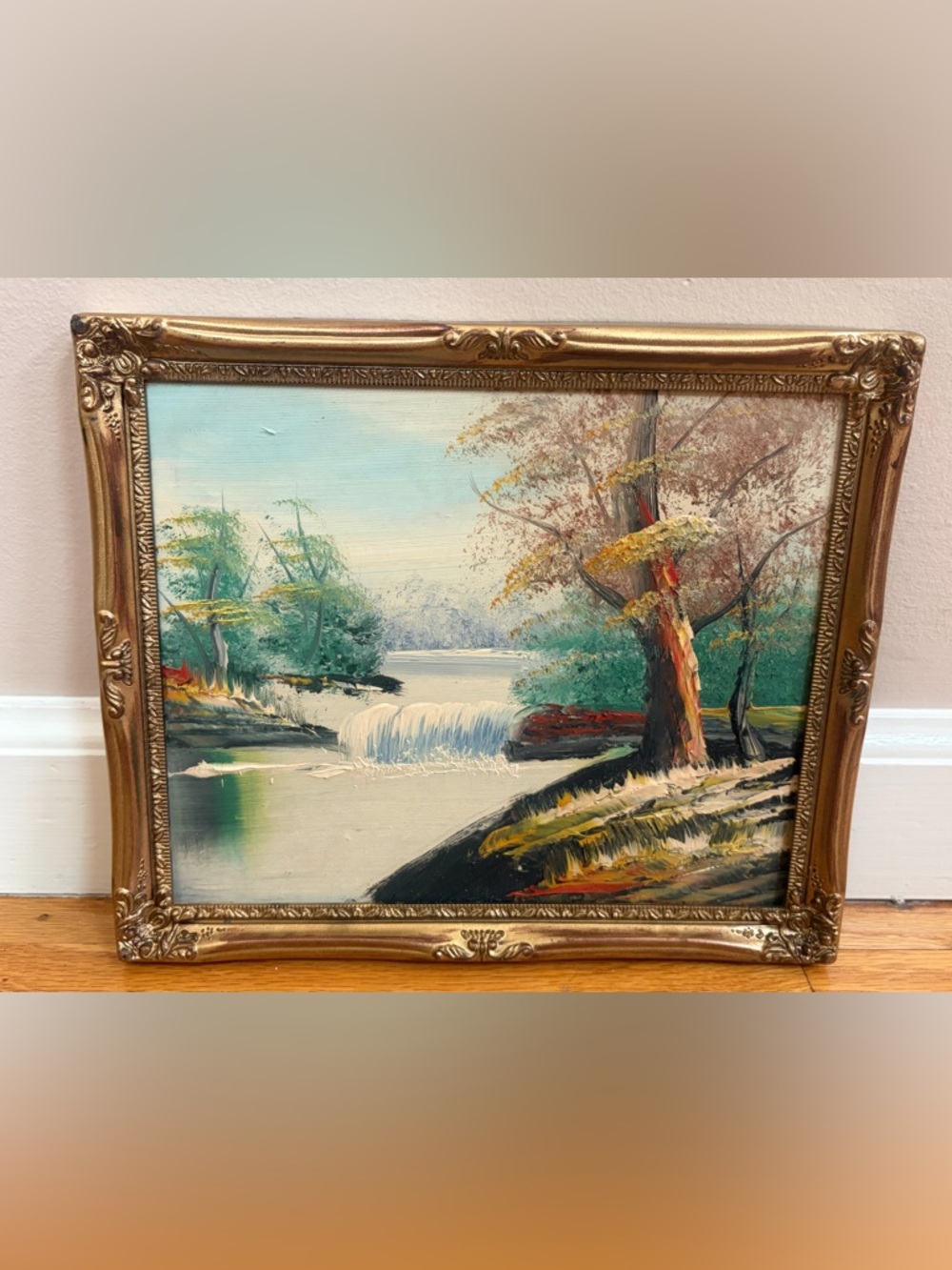 Vintage Mid Century Waterfall Landscape Oil Painting Artwork Framed Art Decor